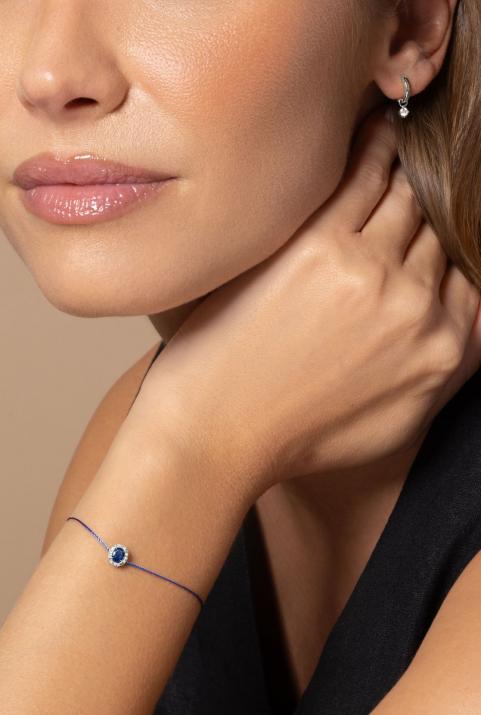 Diva Saphir 0.06克拉椭圆形钻石蓝宝石白金绳制女士手链 - Redline - 0++