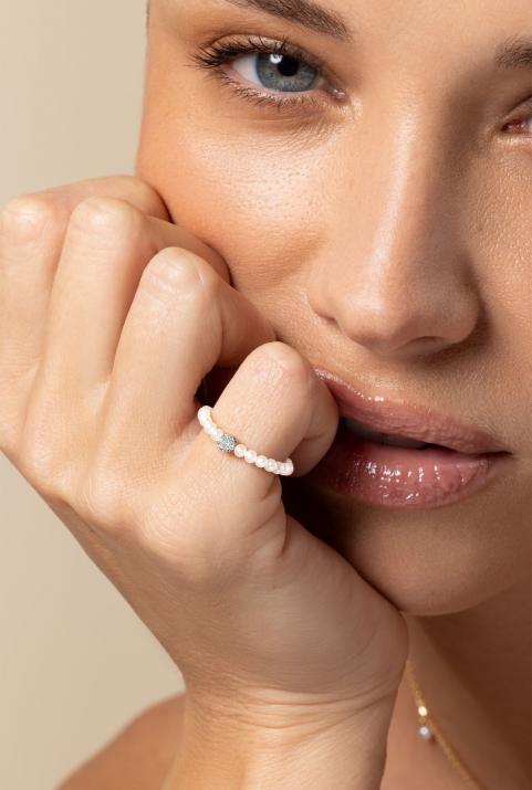 Diamond & Pearl Illusion 0.05克拉圆形钻石白金绳制戒指 - Redline - 0++