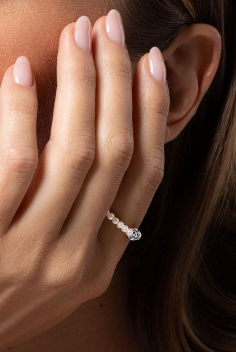 Diamond & Pearl Pompon 0.19克拉圆形钻石黑金绳制戒指 - Redline - 0++