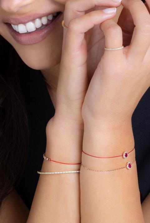 Diva Rubis 0.06克拉椭圆形钻石红宝石玫瑰金绳制女士手链 - Redline - 0++