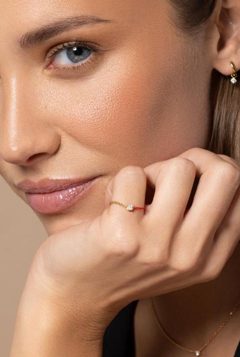 Pure 0.10克拉圆形钻石黄金半绳半链戒指 - Redline - 0++