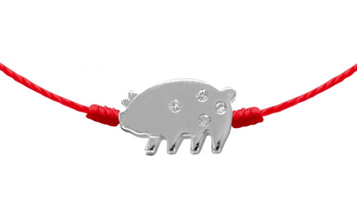 Lucky Pig 0.011克拉圆形钻石白金绳制女士手链 - Redline - 0++