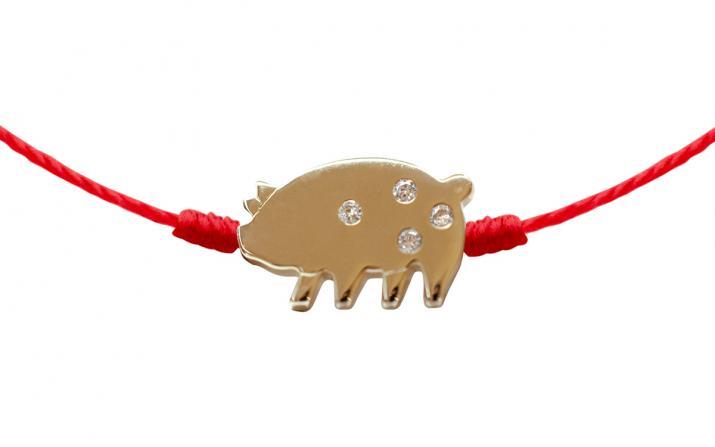 Lucky Pig 0.011克拉圆形钻石黄金绳制女士手链 - Redline - 0++