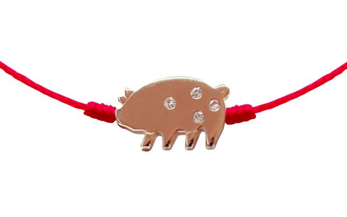 Lucky Pig 0.011克拉圆形钻石玫瑰金绳制女士手链 - Redline - 0++