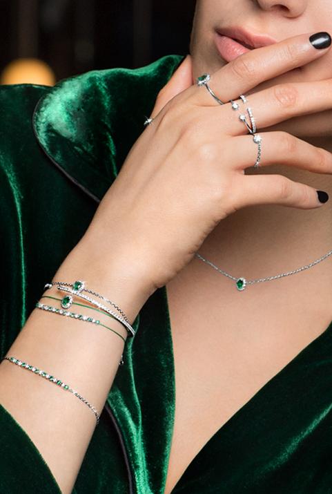 Diva Émeraude 0.06克拉椭圆形钻石祖母绿黄金链制女士手链 - Redline - 0++